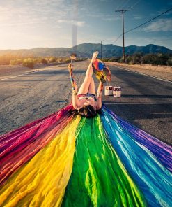 Girl Drawing Rainbow in The Road paint by numbers