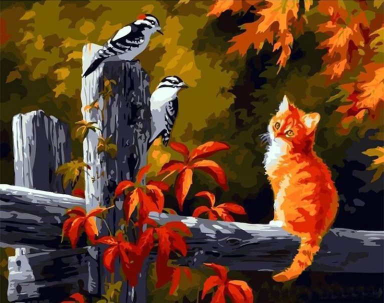 Kitten with Birds paint by numbers