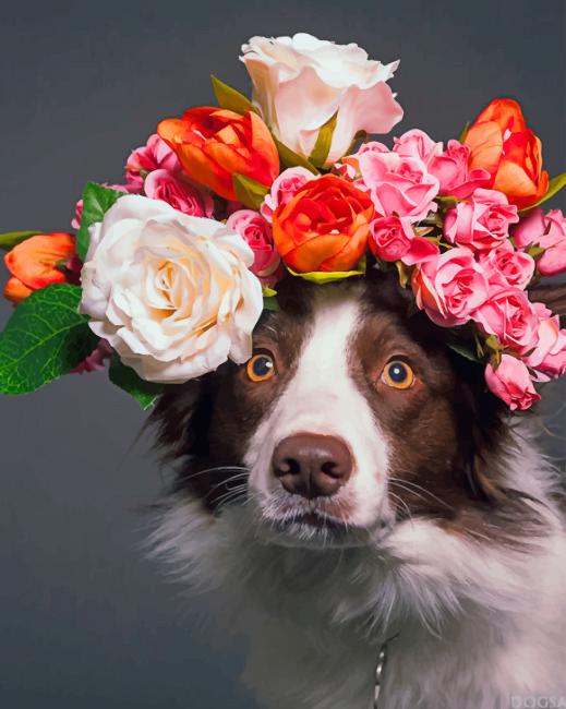Dog With Colored Flowers Crown paint by numbers