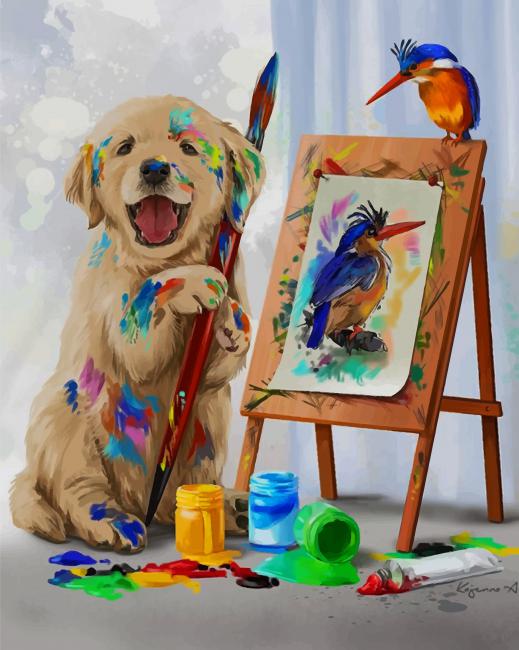 Puppy Drawing His Woodpecker Friend Paint By Numbers