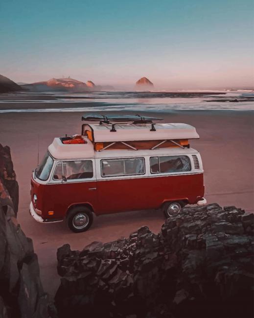 Red Campervan In The Beach Paint by numbers