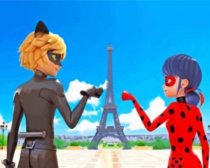 ladybug and cat noir in Paris paint by number
