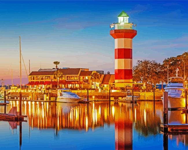 Sunset Harbour Town Lighthouse paint by numbers