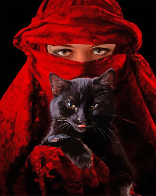 Aesthetic Arab Woman And Blackk Cat paint by number