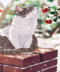 Snowy Cat Smelling Flowers paint by number