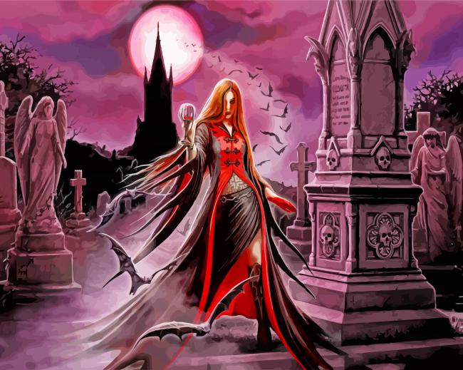 Vampire Witch In Cemetery paint by number