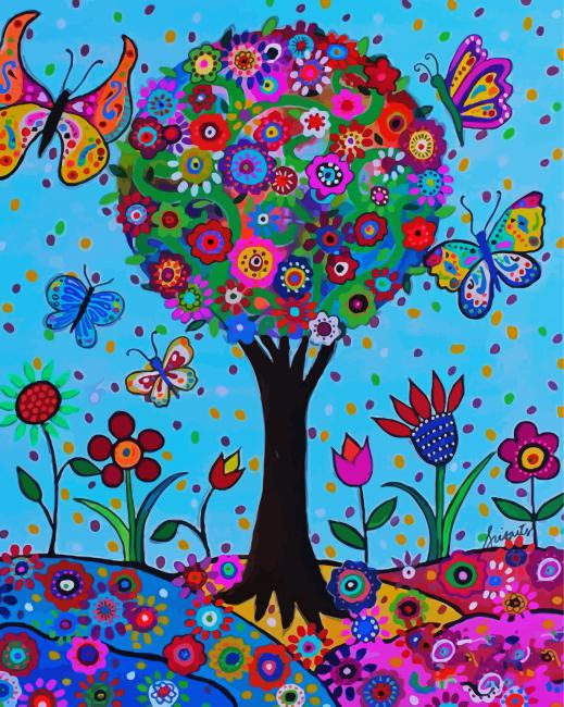 Floral Tree And Butterflies paint by number