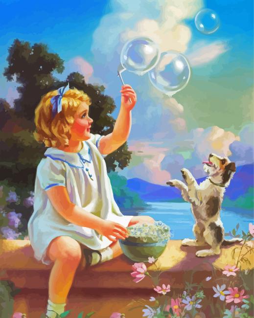 Girl Playing With Bubbles And Dog paint by numbers