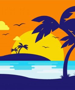 Sunset Beach With Palm Silhouettepaint by numbers