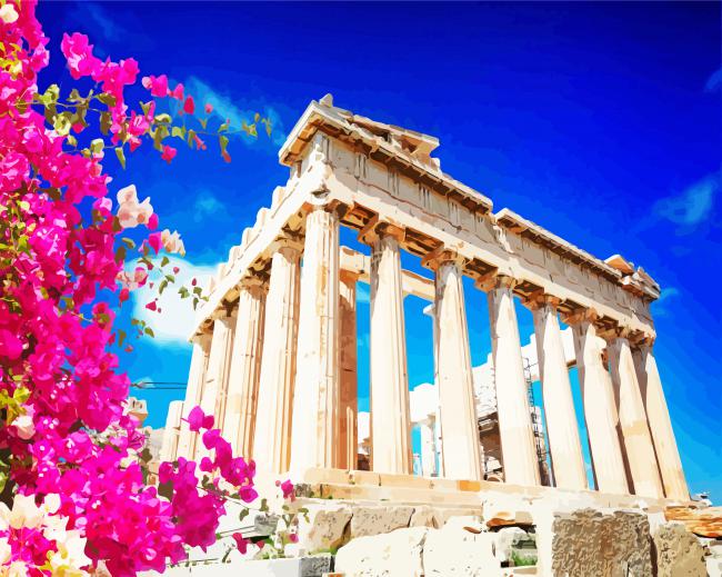 Blossoms Parthenon Greece paint by number