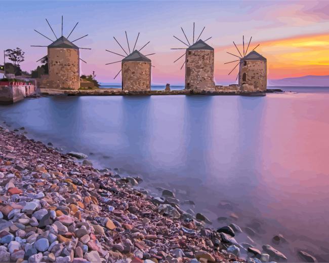 Greece Chios Windmills At Sunset paint by number