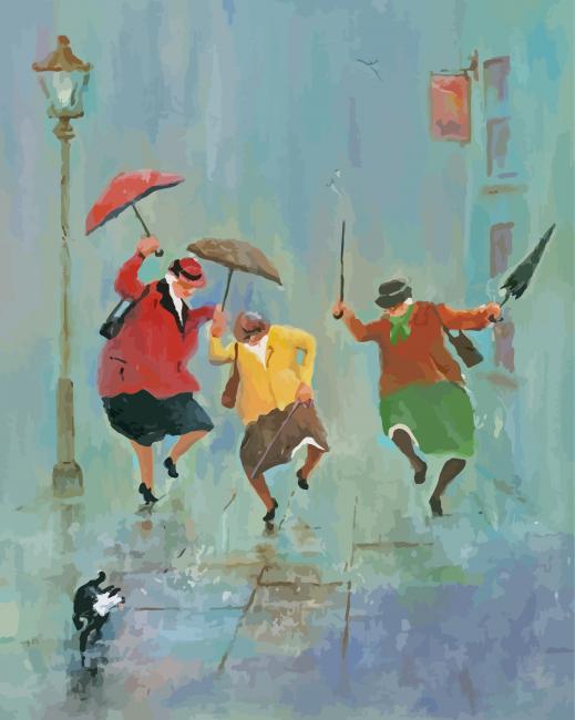 Old Happy Ladies With Umbrellas Art paint by numbers