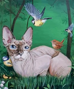 Little Sphynx Cat And Birds paint by numbers