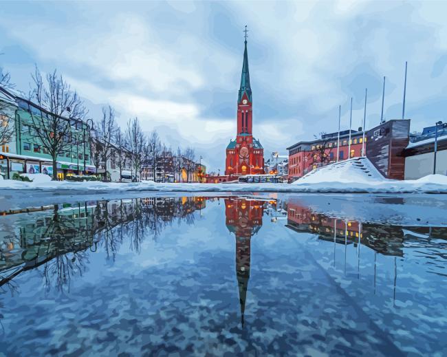 Trinity Church Reflection Arendal Norway paint by number