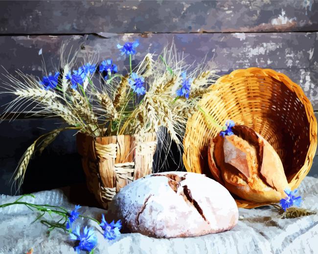 Blue Flowers And Bread Still Life paint by numbers