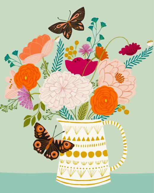 Flowers And Butterfly Illustration paint by numbers