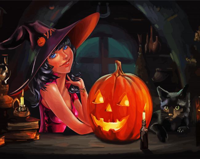 Halloween Witch And Black Cat paint by number
