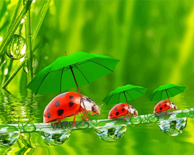 Ladybeetles And Green Umbrellas paint by numbers