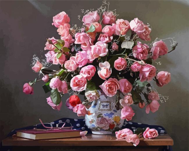 Pink Roses Still Life paint by numbers