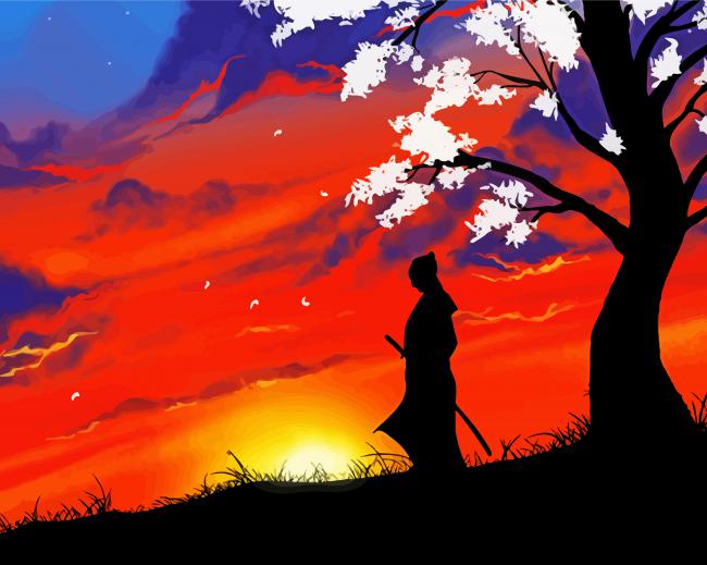 Samurai Silhouette Sunset paint by number