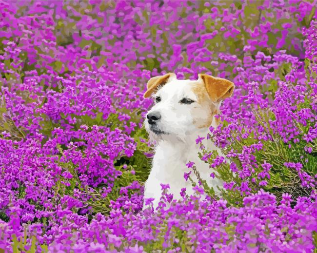 Adorable Puppy In Flowers Field paint by numbers
