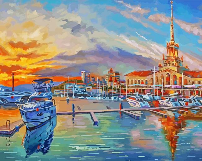 Sunset Seaport Boats paint by numbers