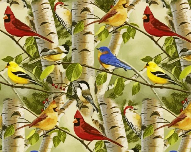 Birds And Birch Trees paint by numbers