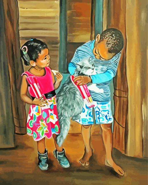 African Children With Cat paint by number