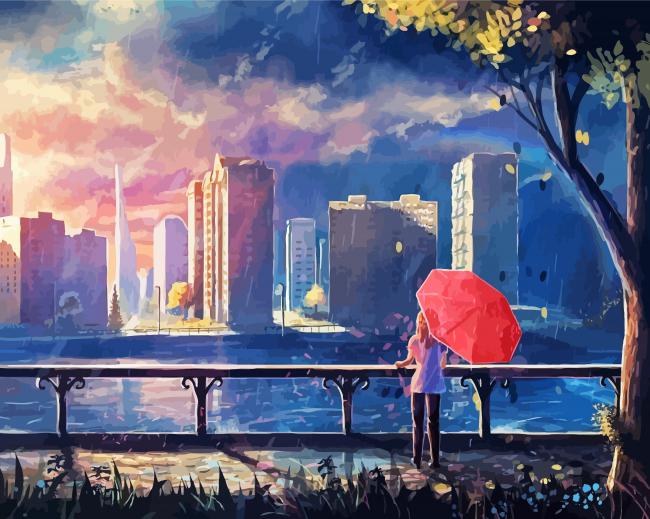 Anime Girl With Umbrella In The Rain paint by number