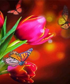Beautiful Butterflies With Red Tulips paint by number