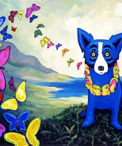Blue Dog And Butterflies paint by numbers