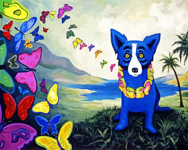 Blue Dog And Butterflies paint by numbers
