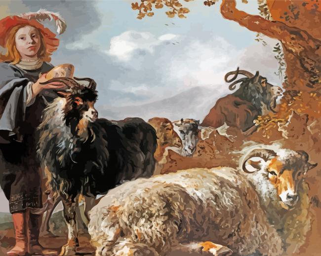 Boy With Goat And Sheep paint by number