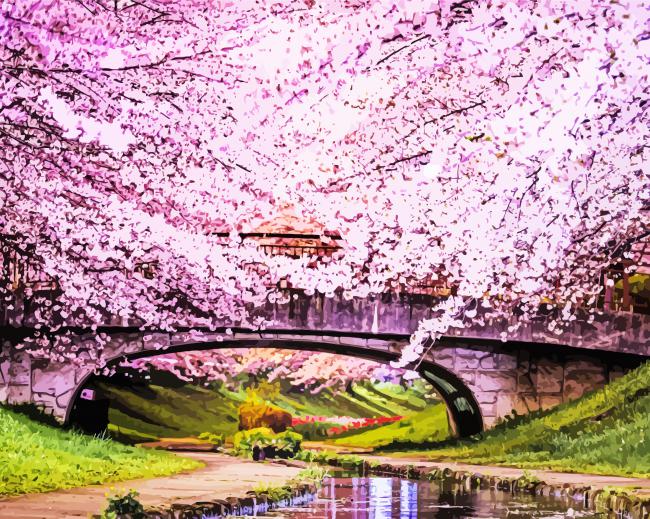 Pink Cherry Blossom Trees paint by numbers