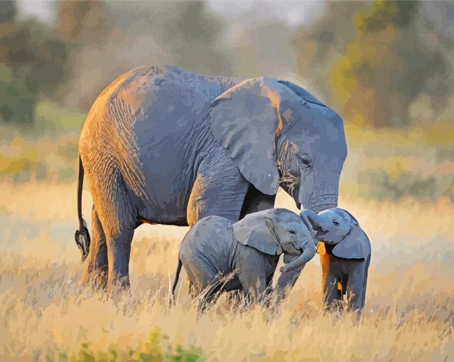 Cute Elephant And Two Babies paint by numbers