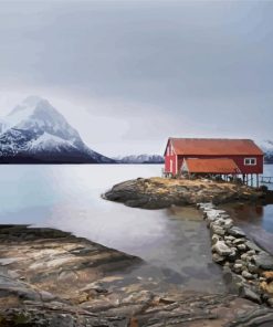 Norwegian Cabin By Lake paint by numbers