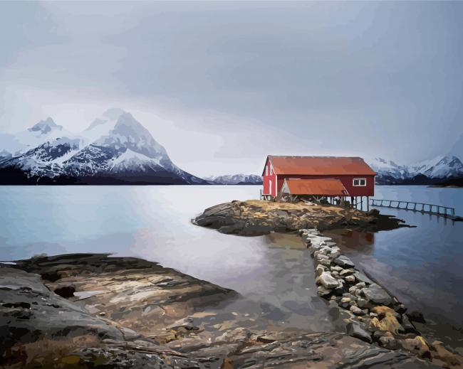 Norwegian Cabin By Lake paint by numbers