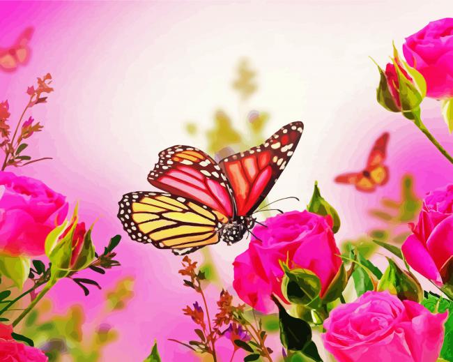Pink Roses And Butterfly paint by number