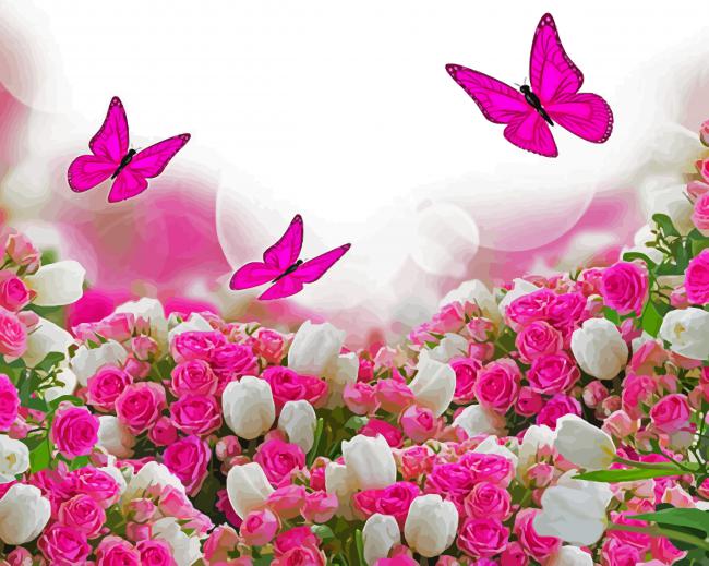 Pink Tulips And Butterflies paint by number