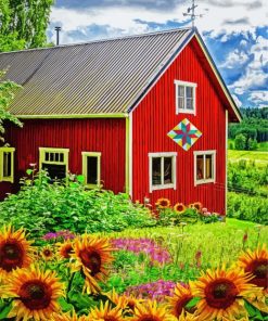 Red Barn And Sunflowers paint by numbers