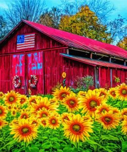 Red Barn And Yellow Sunflowers paint by numbers