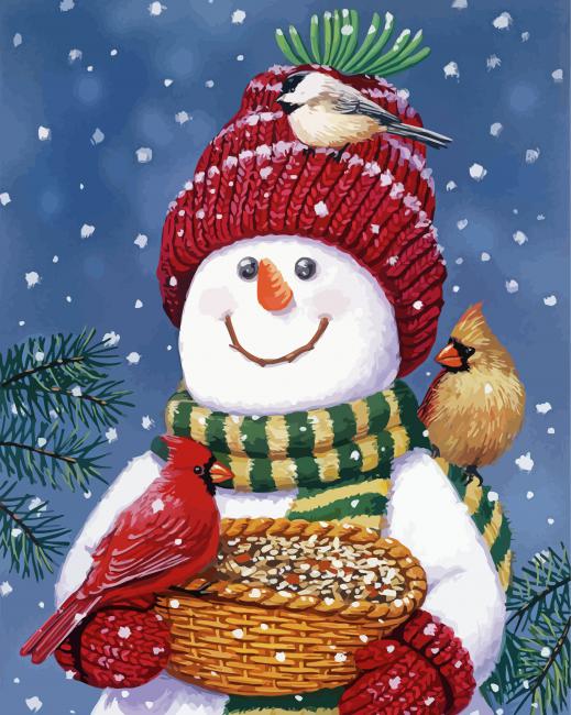 Aesthetic Snowman With Birds paint by number