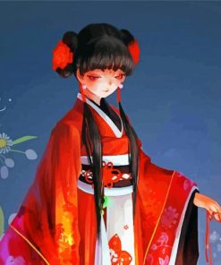 Anime Girl In Red Kimono paint by number