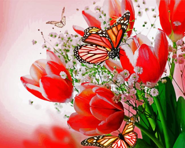 Butterfly On Red Tulips paint by number