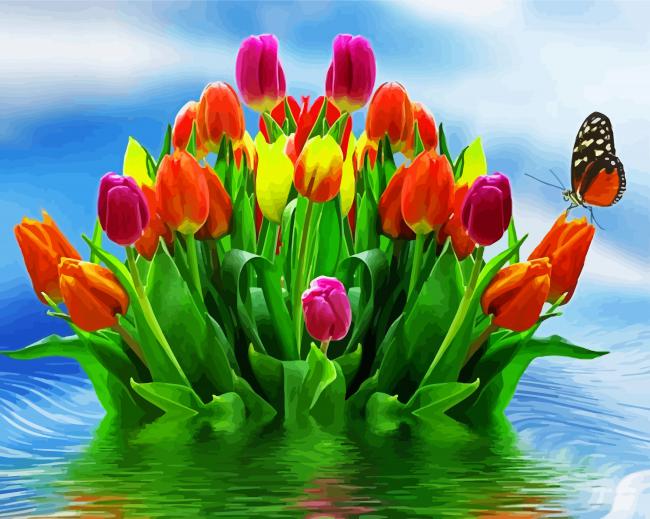Butterfly With Beautiful Tulips paint by number