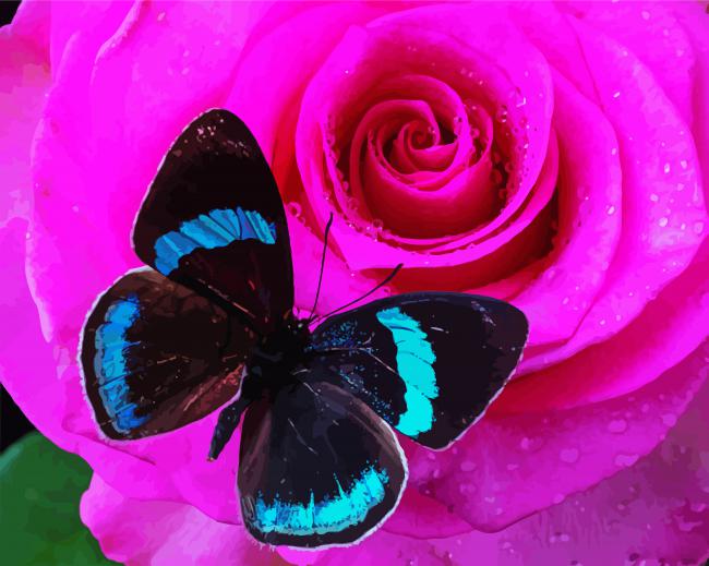 Pink Rose And Blue Butterfly paint by number