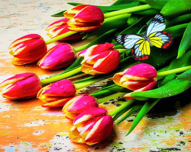 Red Yellow Tulips With Butterfly paint by number
