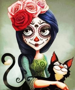 Skull Woman And Black Cat paint by number
