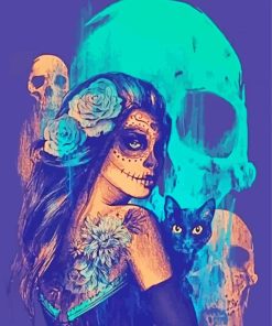 Skull Woman With Black Cat paint by number