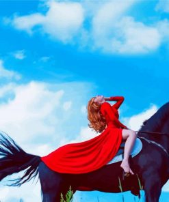 Woman In Red On A Black Horse paint by number